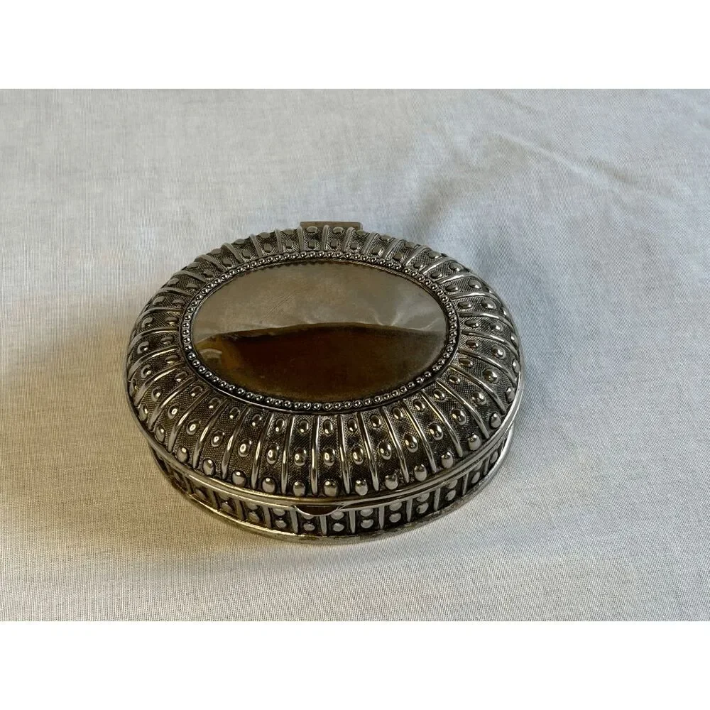Silver Toned Small Jewelry Box, Blue Lined, 5X4, Raised Details, Classic